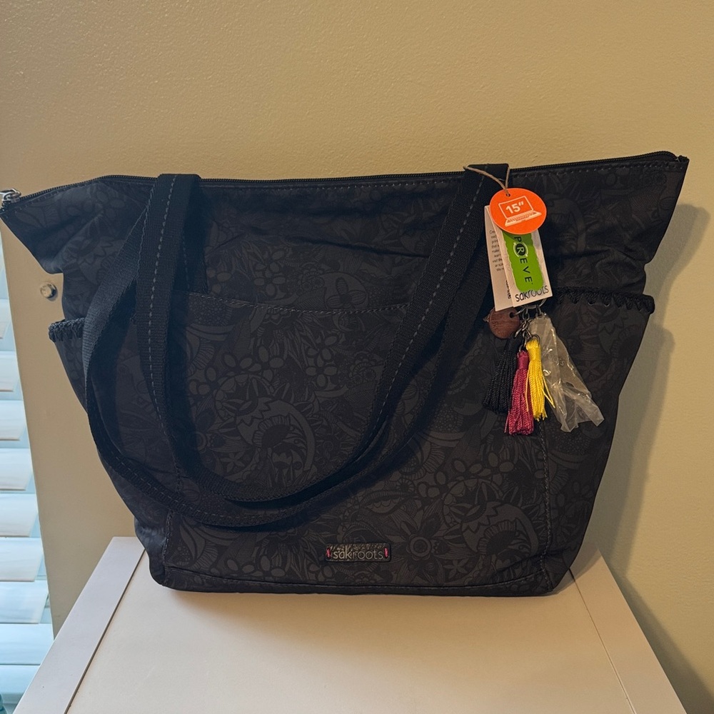 Sakroots Tacoma Black Tote with Floral Pattern